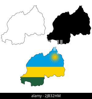 Mappa della bandiera del Ruanda su sfondo bianco. Mappa del Ruanda. Profilo mappa vettoriale Ruanda. Stile piatto. Foto Stock