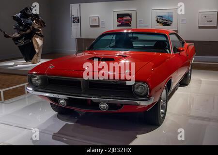 Chrysler ,Plymouth, Barracuda, 1970, mostra, stile Detroit: Car Design in the Motor City, 1950–2020, Detroit Institute of Art. Michigan, USA Foto Stock