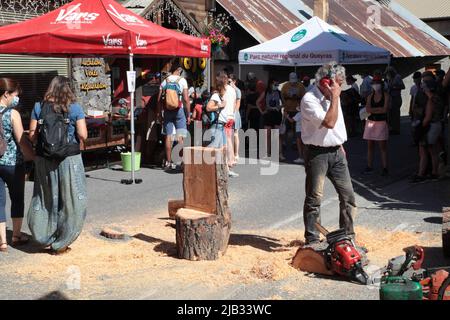 Sculpteur sur bois, Fête du village de Vars Sainte-Marie un 15 août, Hautes-Alpes Foto Stock