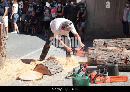 Sculpteur sur bois, Fête du village de Vars Sainte-Marie un 15 août, Hautes-Alpes Foto Stock