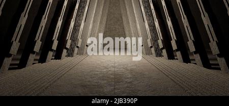 Glow futuristico seminterrato Hangar Corridor Warehouse Club Studio Showroom illuminato Banner marrone scuro sfondo Wallpaper 3D rendering Foto Stock