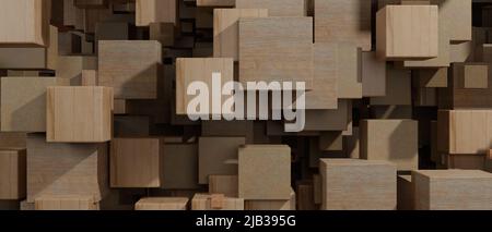 Impilare blocchi di legno da sfondo naturale 3D Illustrazione Foto Stock