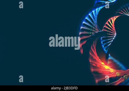 Elemento di progettazione futuristico sul tema della ricerca sul DNA. 3D illustrazione di un'elica di DNA su sfondo scuro Foto Stock