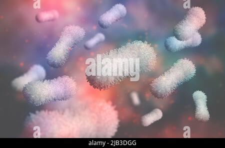 Colonia di microrganismi al microscopio. Virus, batteri e microbi. Sfondo astratto. 3d illustrazione sul tema della ricerca microbiologica Foto Stock