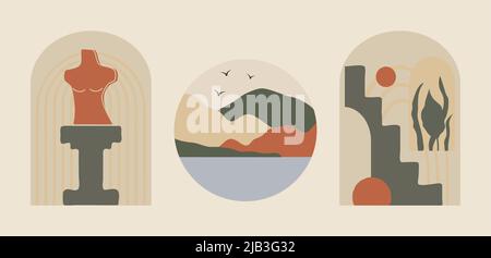 Set di illustrazioni astratto e paesaggistico moderno. Illustrazione Vettoriale