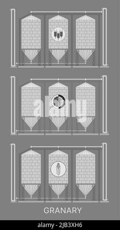 Illustrazione creativa di un magazzino agricolo per un elevatore di grano isolato su uno sfondo trasparente. Concetto astratto di grano, mais e sunf Illustrazione Vettoriale