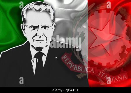 Sergio Mattarella, la bandiera e lo stemma d'Italia Foto Stock