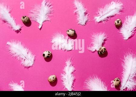 Uova di quaglia e belle piume su sfondo rosa Foto Stock