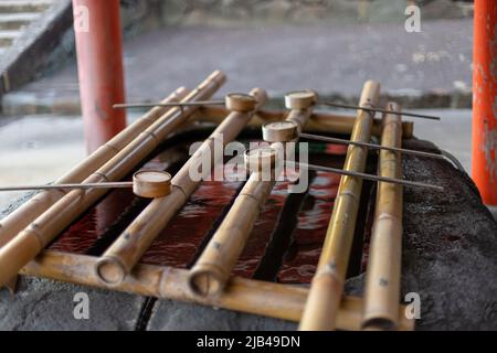 Bambù fatto Hishaku al bacino d'acqua nel Santuario di Hinomisaki. Hishaku è un mestolo tradizionale giapponese da utilizzare per raccogliere l'acqua per la purificazione Foto Stock