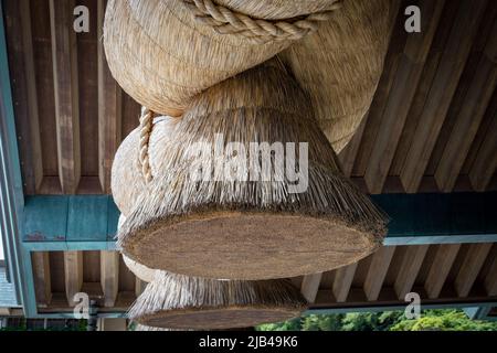 Primo piano Shimenawa (corda che racchiude) legato intorno al Santuario Izumo Taisha, Izumo, Shimane, Giappone. Di solito è usato per la purificazione rituale nella religione Shinto Foto Stock