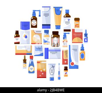 Farmaci farmaceutici in circle.Different medications.Vector illustrazione piatta Illustrazione Vettoriale