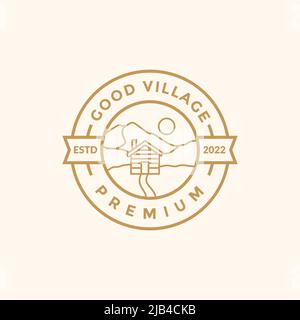 linea badge con casa legno villaggio logo design vettore grafico simbolo icona illustrazione idea creativa Illustrazione Vettoriale