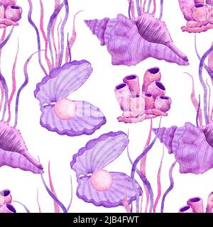 Acquerello disegno a mano senza cuciture con subacquei marini animali nautici conchiglie pesci. Porpora blu cavalluccio marino alghe meduse, mare mare estate vacanza spiaggia sfondo, tessuto stampa turchese Foto Stock