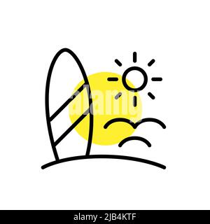 Surf sulla spiaggia. Surf in vacanza. Pixel Perfect, icona grafica con linea di traccia modificabile Illustrazione Vettoriale