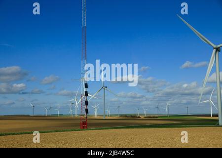 Parco eolien fattoria eolica in campi nel dipartimento della Marna, regione Grand Est, Francia Foto Stock