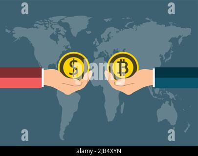 Business coin concept.Exchange monete dollaro a bitcoin a mano a mano su sfondo mappa World.Vector Illustrator Illustrazione Vettoriale