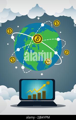 Simbolo del concetto di notebook aziendale sullo schermo. Icona oro Bitcoin per la carta a righe su giro di monete in tutto il mondo Illustrazione Vettoriale