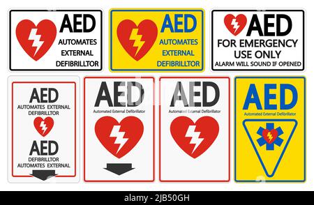 Impostare l'etichetta del simbolo AED su sfondo bianco Illustrazione Vettoriale