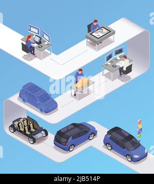 Concetto isometrico di professione di progettista di automobile con illustrazione vettoriale di simboli di schizzo Illustrazione Vettoriale