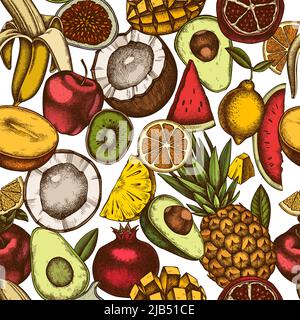 Fruits design di fondo senza cuciture. Stile inciso. Banane disegnate a mano, kiwi ecc. Illustrazione Vettoriale