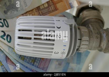 Termostato, banconote in euro, simbolo costi di riscaldamento foto, Germania Foto Stock
