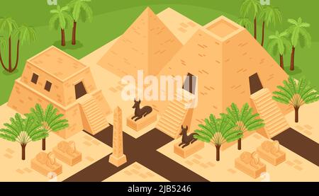 Antico egitto monumenti storici monumenti isometrici sfondo composizione con re valle piramidi dio divinità animali illustrazione vettoriale Illustrazione Vettoriale