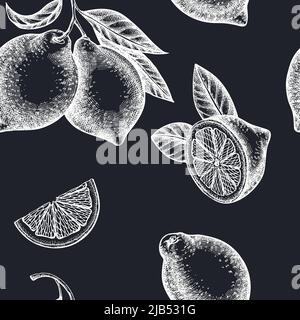 Design sfondi con motivo senza cuciture Citrus. Stile inciso. Limone estratto a mano. Illustrazione Vettoriale