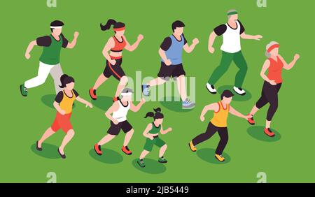 Persone che corrono concetto con fitness jogging simboli isometrici illustrazione vettoriale Illustrazione Vettoriale