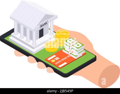 Composizione isometrica del prestito bancario con smartphone con mano umana con costruzione di banca e denaro in alto illustrazione vettoriale Illustrazione Vettoriale