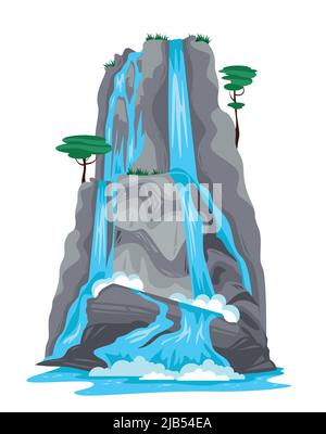 Natura cartoon oggetto di cascata cadendo dalla cima della montagna isolato su sfondo bianco illustrazione vettoriale Illustrazione Vettoriale