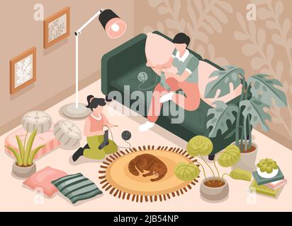 Background isometrico della maternità con illustrazione vettoriale dei simboli della famiglia e del tempo libero Illustrazione Vettoriale