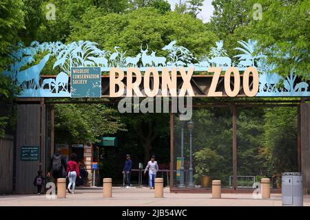 Persone che entrano nello Zoo Bronx attraverso l'Asia Gate. Il Bronx Zoo è un grande zoo urbano a New York, gestito dalla Wildlife Conservation Society Foto Stock