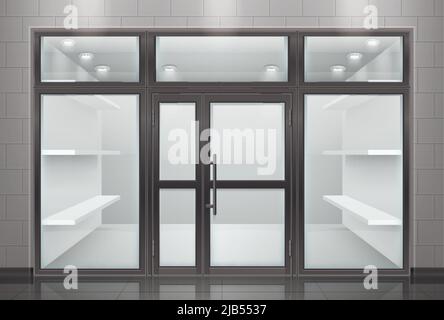Ingresso porta in vetro composizione realistica con vista della parte anteriore del negozio con porta trasparente e scaffali vuoti illustrazione vettoriale Illustrazione Vettoriale