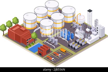 Composizione isometrica dell'industria petrolifera in vista del sito della fabbrica di lavorazione dell'olio con illustrazione vettoriale di edifici e impianti Illustrazione Vettoriale