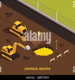 Rifiuti tossici isometrici inquinamento chimico nucleare composizione a rischio biologico con rifiuti chimici descrizione illustrazione vettoriale Illustrazione Vettoriale