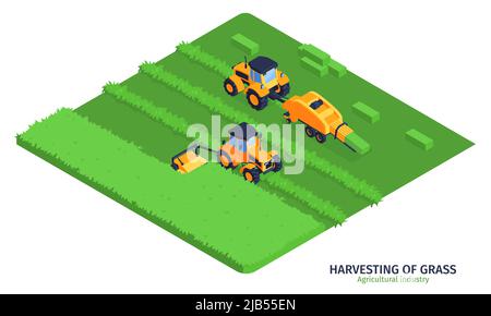 Illustrazione vettoriale isometrica dell'industria agricola con macchine per la raccolta dell'erba su campo verde Illustrazione Vettoriale