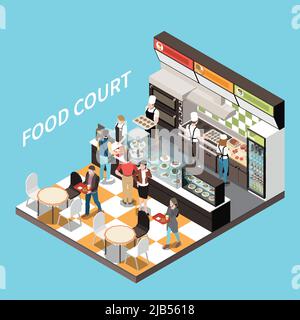 Food Court Coffee bar vista isometrica desserts display checkout counter cassiere personale clienti che trasportano vassoi illustrazione vettoriale Illustrazione Vettoriale