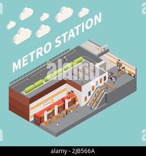Stazione metropolitana della metropolitana con scala mobile d'ingresso turnstilles passeggeri acquisto biglietti imbarco treno isometrico composizione vettore illustra Illustrazione Vettoriale