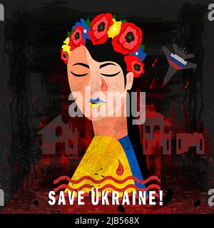 Salva Ucraina. La Russia ha attaccato l'Ucraina. Il concetto di guerra, tragedia e dolore del popolo ucraino Illustrazione Vettoriale