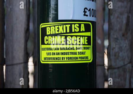 l’etichetta anti-brexit che sostiene la brexit è una scena criminale e che elenca i presunti crimini legati all’uscita della gran bretagna dall’ue, a twickenham, middlesex, inghilterra Foto Stock