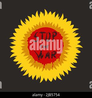 Nessuna guerra. Fermare la guerra, l'iscrizione sul girasole sanguinoso, la protesta contro l'aggressione e l'attacco armato. Illustrazione vettoriale Illustrazione Vettoriale