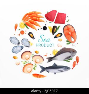 Prodotti di pesce fresco realisticamente circolare composizione pubblicitaria con salmone tonno pesce bistecche crostacei ostriche gamberetti illustrazione vettoriale Illustrazione Vettoriale