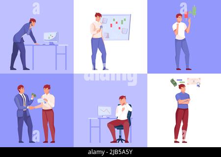 Stock market design concept set di sei composizioni quadrate piatte con i commercianti stakeholder investitori acquistare e vendere simboli illustrazione vettoriale Illustrazione Vettoriale