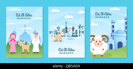 EID al Adha Greeting Card Collection Template Social Media Flat Cartoon background Illustration Illustrazione Vettoriale