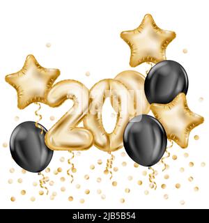 Anniversario palloncini composizione realistica un insieme di numeri d'oro e neri e stelle palloncini illustrazione vettoriale Illustrazione Vettoriale