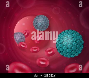 Composizione realistica dei virus con vista interna del tubo della vena umana con illustrazione dei vettori delle cellule del sangue e delle batterie dannose Illustrazione Vettoriale