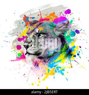 testa lion con elementi astratti creativi e colorati su sfondo scuro Foto Stock