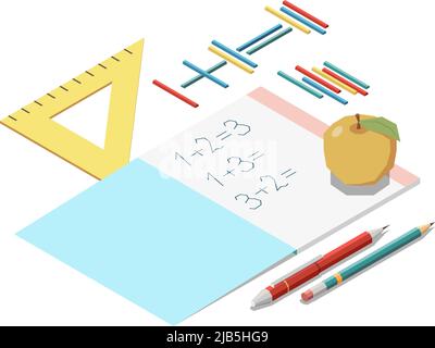 STEM educazione isometrica concetto icone composizione con elementi di cancelleria e copybook di matematica illustrazione vettoriale Illustrazione Vettoriale