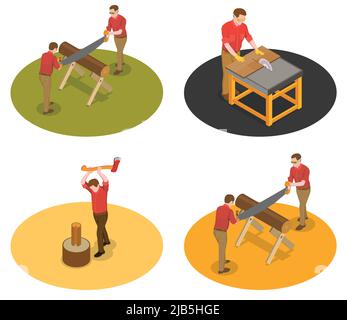 Segheria legno mulino lumberjack isometrico set di quattro composizioni isolate con caratteri di lavoratori con legno vettore illustrazione Illustrazione Vettoriale