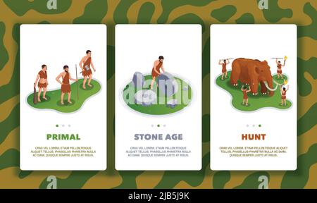 Caveman prehistoric primitive persone set di tre banner verticali con testo pagine commutate e immagini di vita illustrazione vettoriale Illustrazione Vettoriale